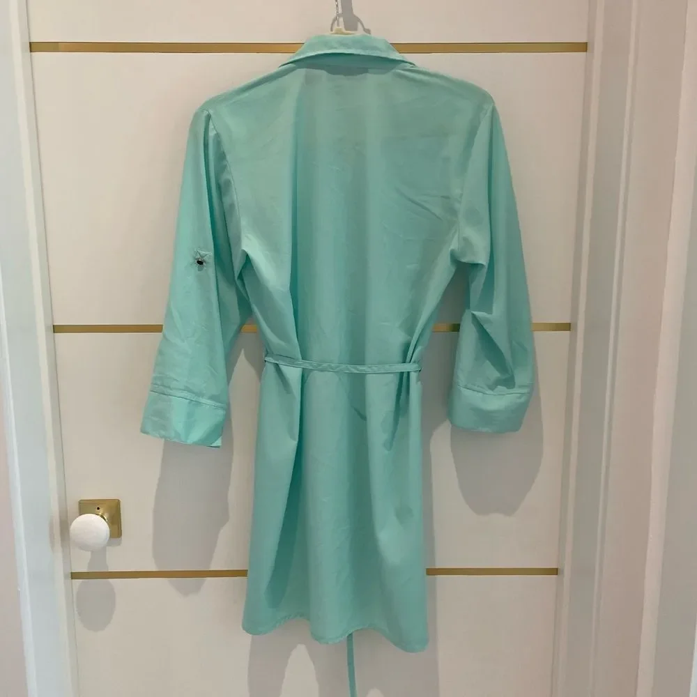 SPEED Control Aqua Turquoise Lightweight Long Sleeve Shirt Dress Button Belted